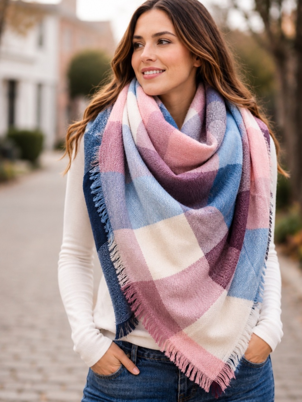 Oversized Plaid Blanket Scarf Fringe Wrap‎ Shawl Blue Pink Cream True Craft